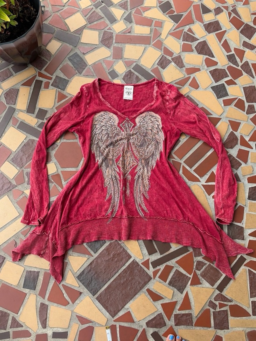 Embellished Angel Wing + Cross Long Sleeve Top
